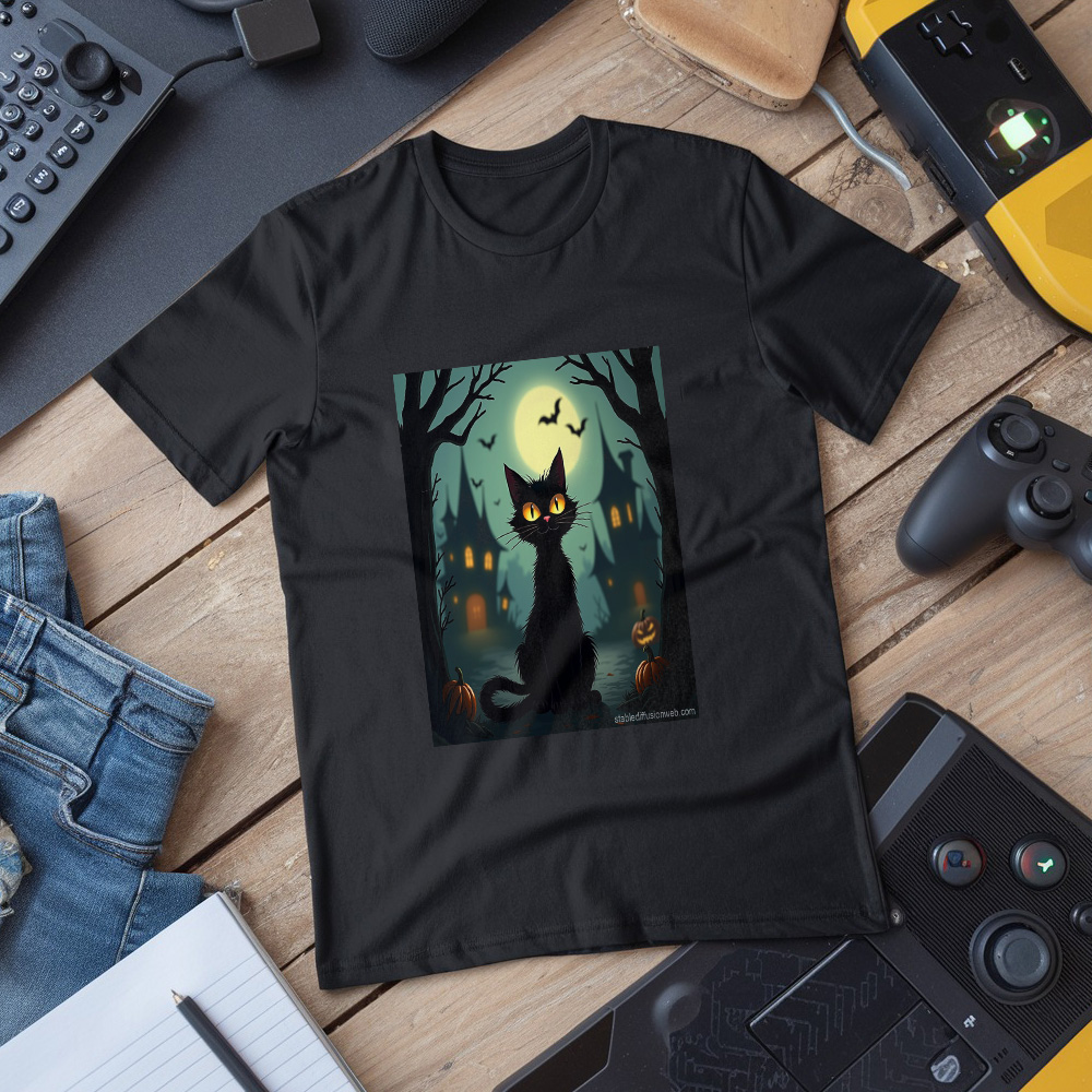 Black Cat In Halloween Scene T-Shirt