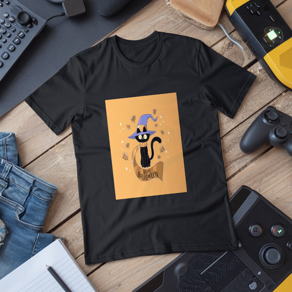 Black Cat With Witch Hat And Orange Scarf T-Shirt